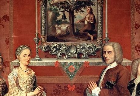 Painting of a posh family dressed in elegant clothes. The father, mother and children, praying in a posh room.