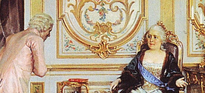 Painting. A luxurious room inside a palace. Catherine sits on the right and a an elegantly man bows before her.