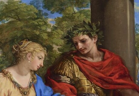 An oil painting from the 17th century. It shows a young Caesar in military attire leading Cleopatra to her throne.
