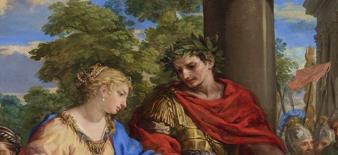 An oil painting from the 17th century. It shows a young Caesar in military attire leading Cleopatra to her throne.