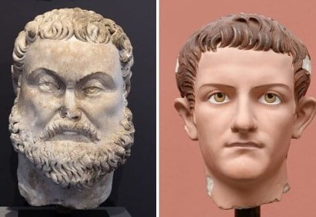 The faces of four men. From left to right: Lucius Verus, Maximian, Caligula, Caracalla.