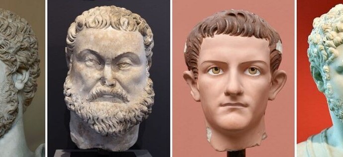 The faces of four men. From left to right: Lucius Verus, Maximian, Caligula, Caracalla.