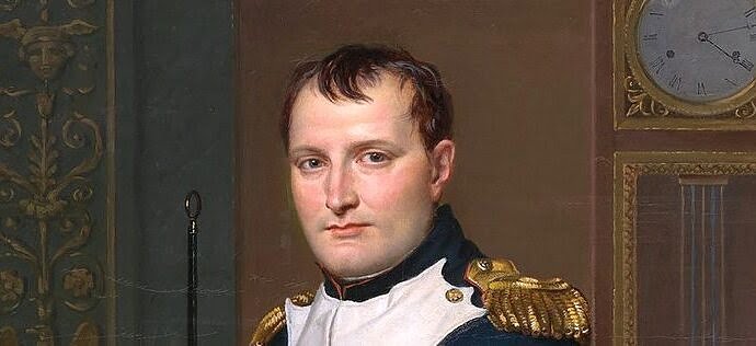 Painting of Napoleon posing inside his study in military uniform.