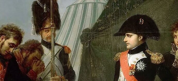 Painting of Napoleon in military uniform surrounded by his officers and foreign officers that are surrendering.
